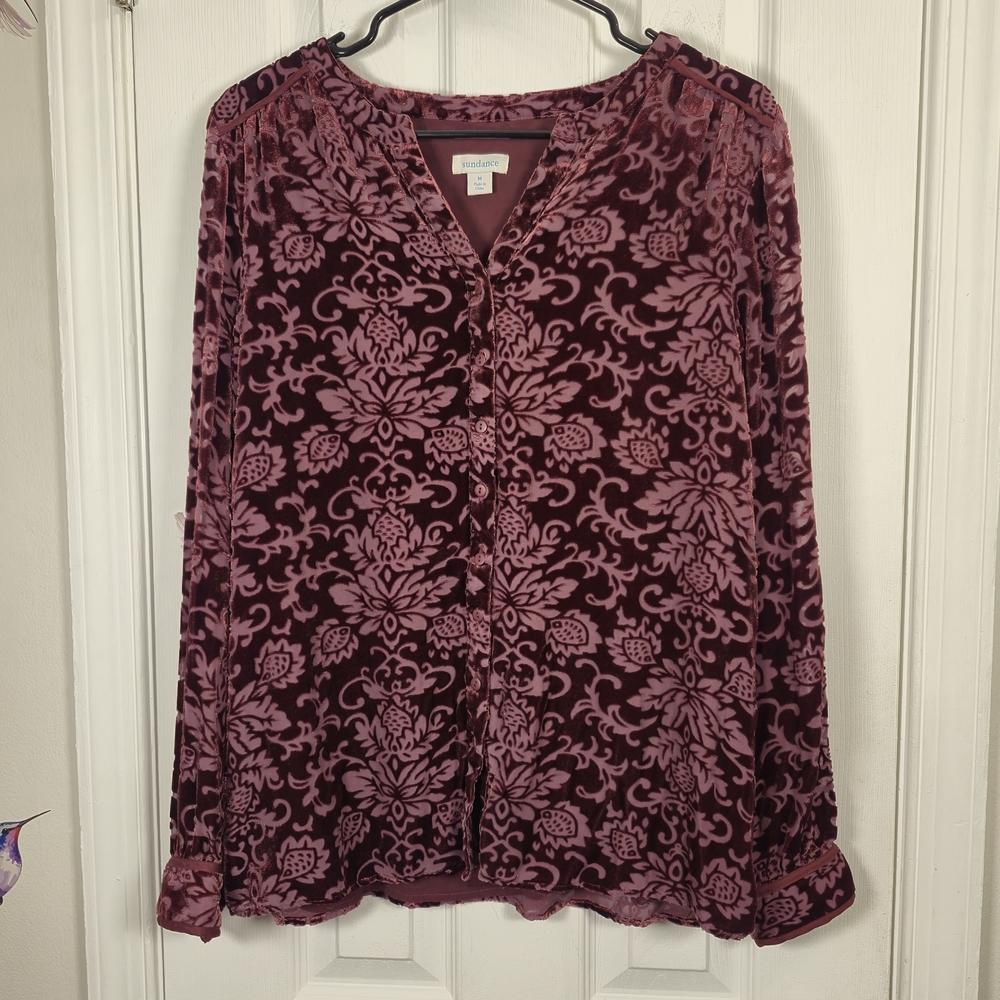 Sundance Silk Blend Burnout Velvet Floral Blouse M Whimsigoth Dark Coquette Boho